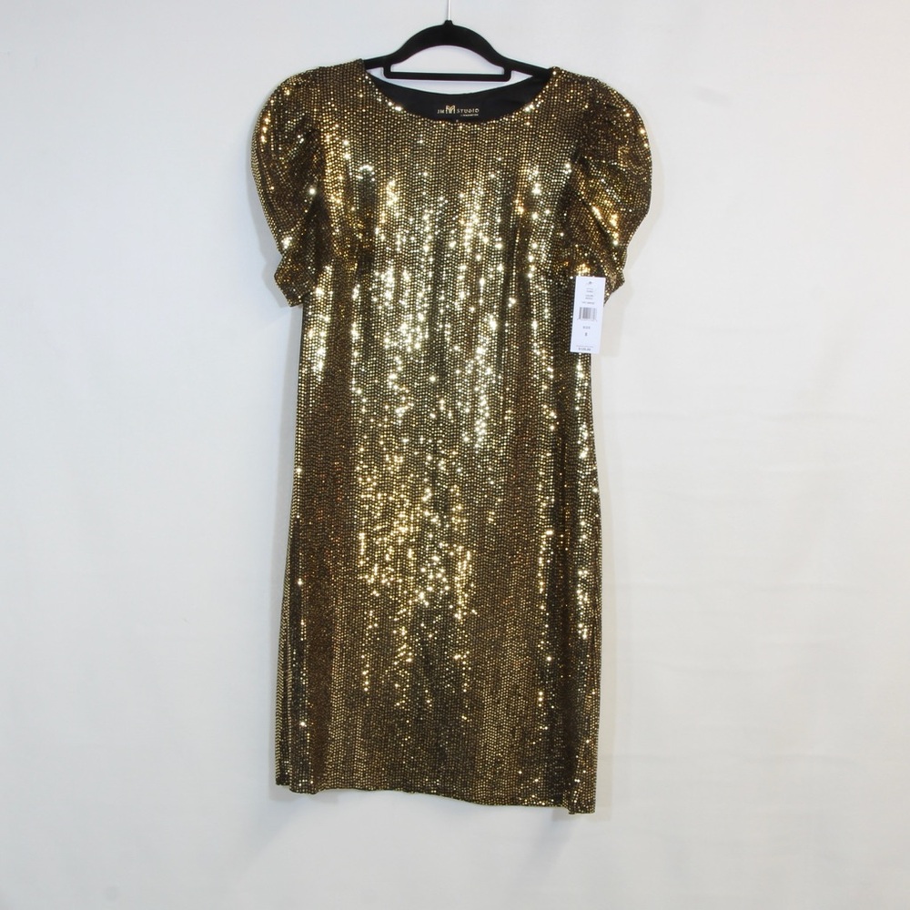 JM STUDIO by John Meyer Shimmering Black and Gold Sequin Cocktail Midi Dress